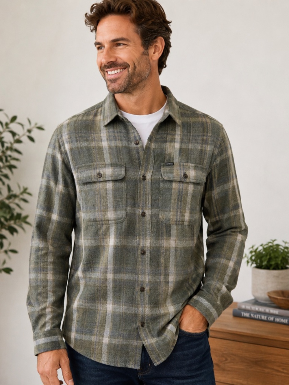 prAna Men’s XL Plaid Flannel Shirt Green Gray Slim Fit Button Front